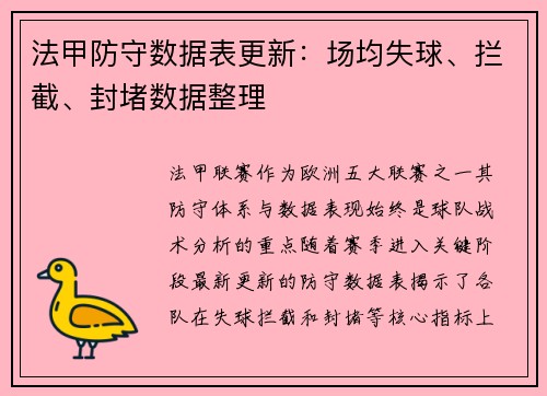 法甲防守数据表更新：场均失球、拦截、封堵数据整理