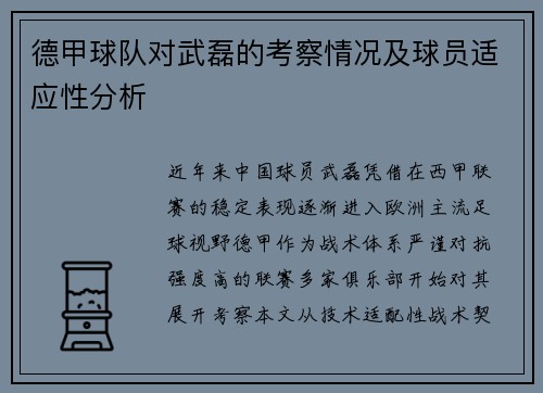 德甲球队对武磊的考察情况及球员适应性分析